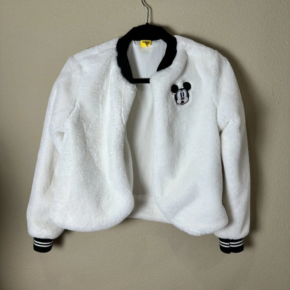 DISNEY White Faux Fur Mickey Bomber Jacket Coat Size Small - Picture 3 of 10